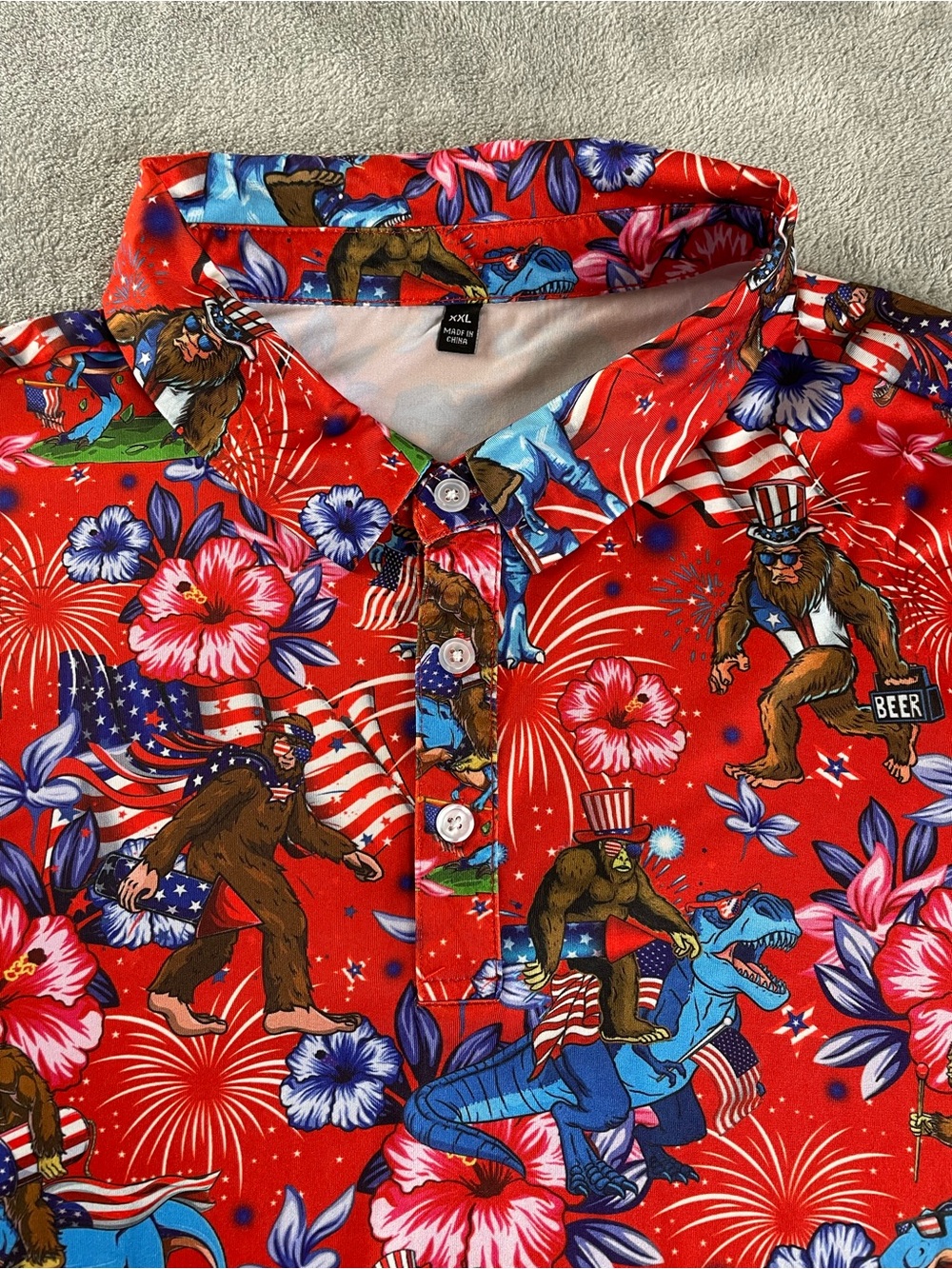 USA Bigfoot Sasquatch Dinosaur Floral Drinks Golf Shirt Men 2XL Polo Shirt Funny